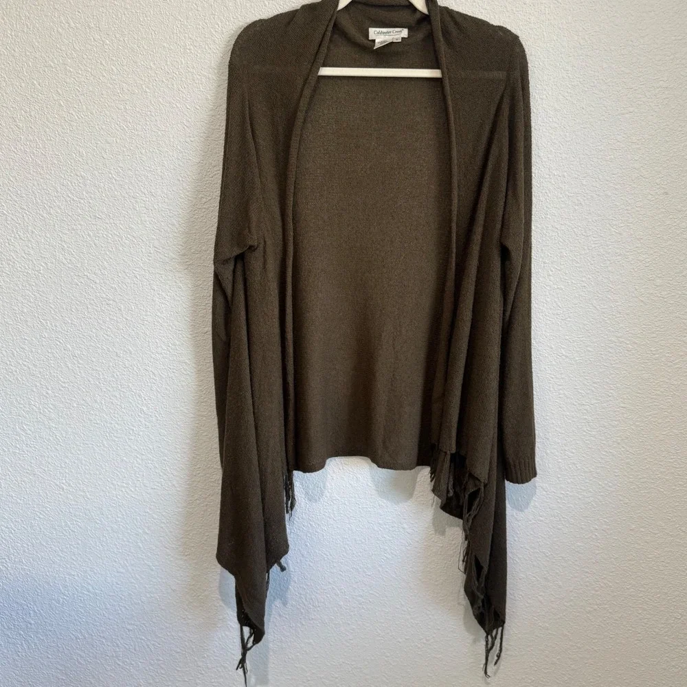 Coldwater Creek M Olive Brown Fringe Waterfall Open Front Cardigan Knit‎ Boho